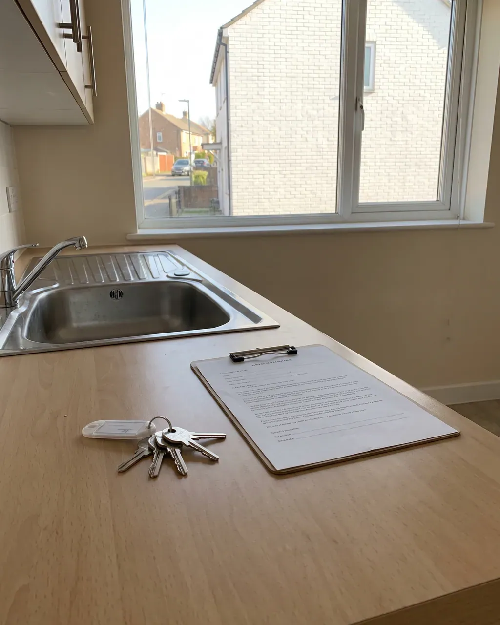 Empty Birmingham rental flat with cream walls and pale oak floors, inventory clipboard and brass keys on a window seat, Victorian terrace visible through the sash window