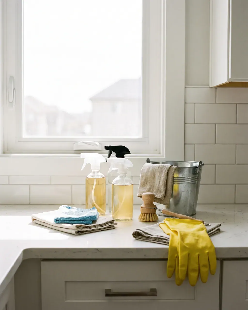 Birmingham kitchen at the deliberation point: a partially-cleaned oven with a cleaning kit beside it, sage green gloves, glass spray bottle, wooden brush, microfibres and checklist on the worktop