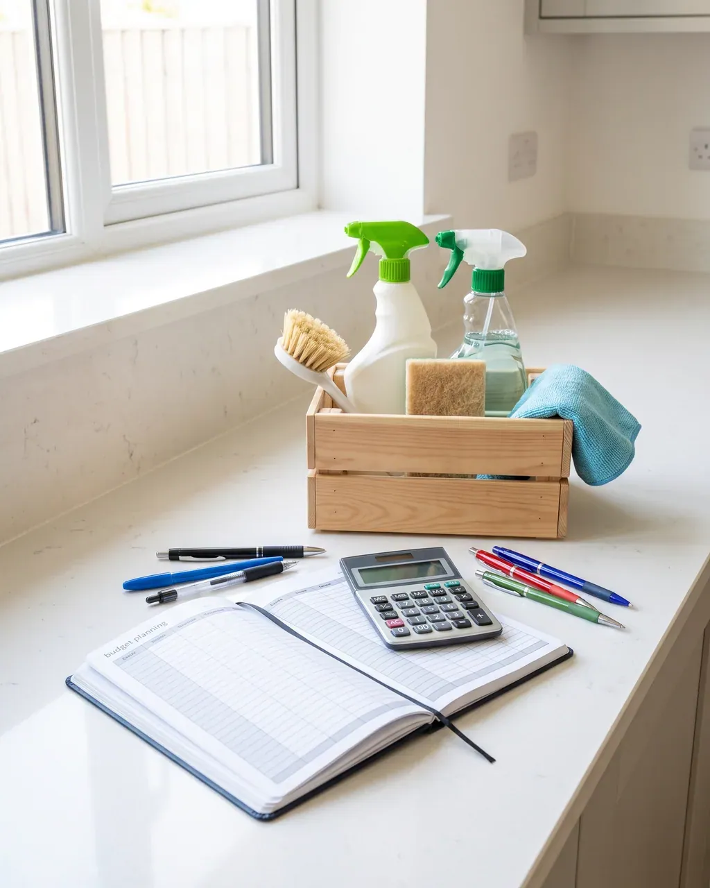 Top-down editorial flat-lay of a Birmingham end of tenancy cleaning kit: cream microfibre cloths, glass spray bottle, sage green rubber gloves, wooden brush, brass key on leather fob