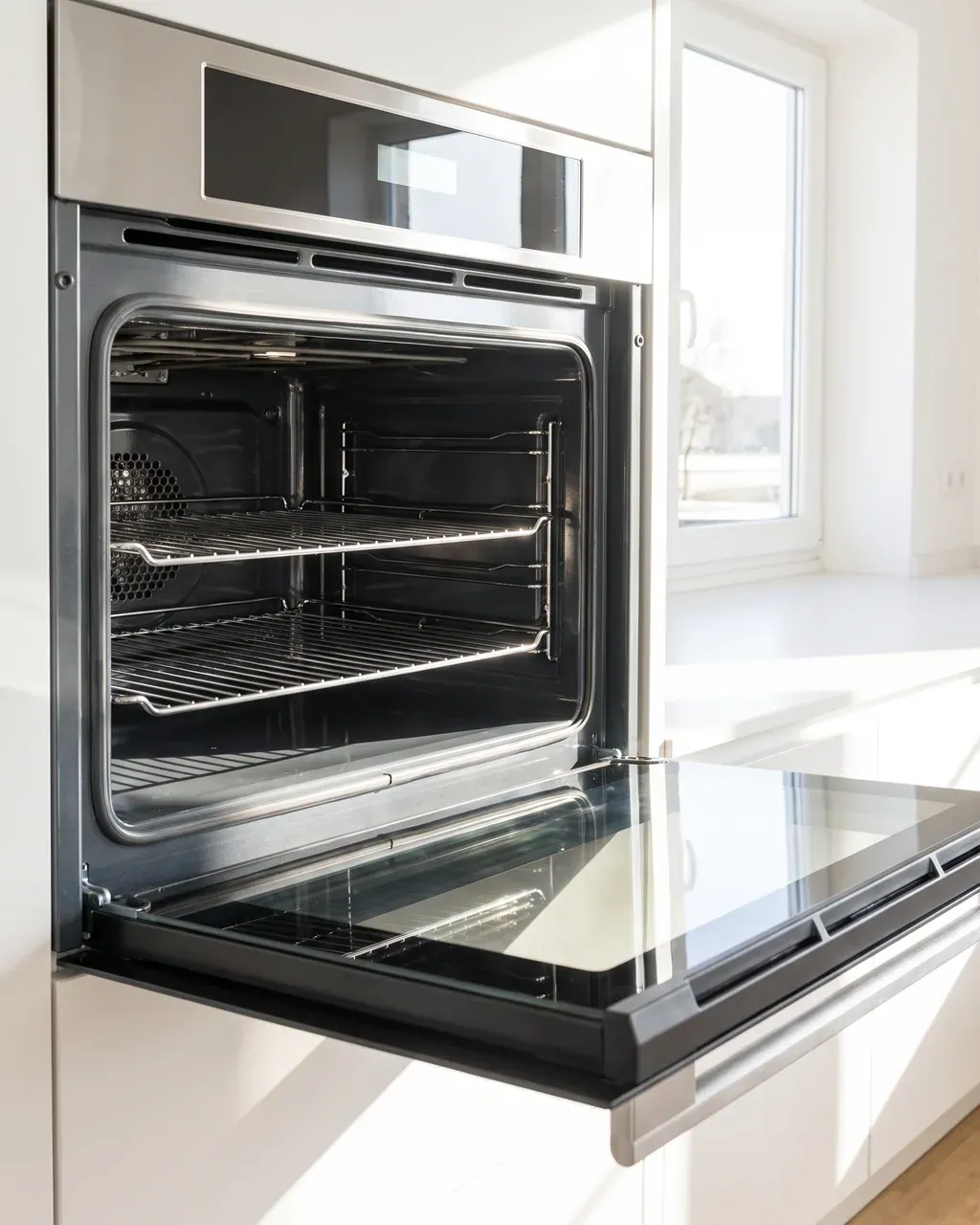 Macro shot of a half-cleaned oven interior with two racks soaking in a foamy washing-up bowl, sage green rubber glove draped over the open oven door