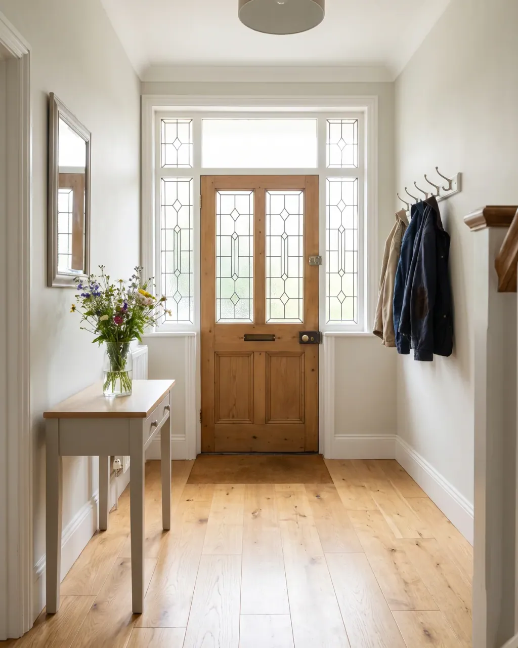 A bright hallway with a timber front door, leaded glass panels and an oak floor
